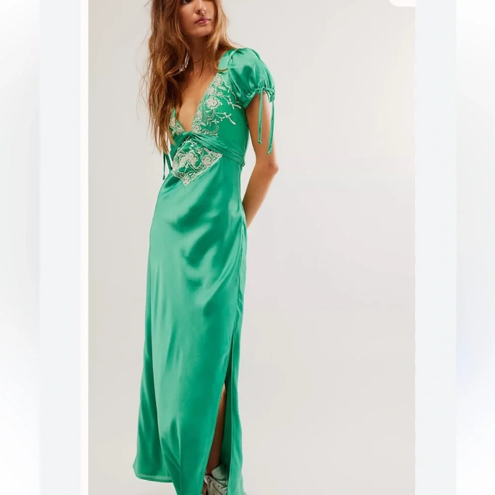 Free People Emerald Green Satin Maxi Dress with Embroidered Bodice - Picture 8 of 8